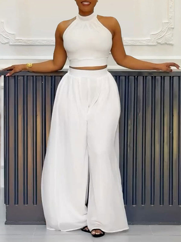 Solid Halter Top &amp; Wide-Leg Pants Set