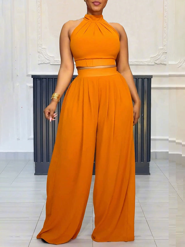 Solid Halter Top & Wide-Leg Pants Set