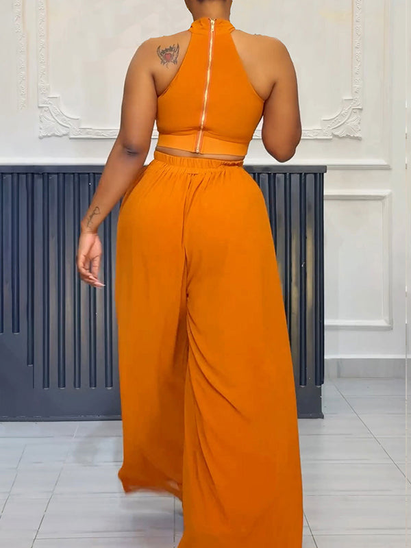 Solid Halter Top & Wide-Leg Pants Set