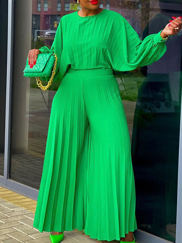 Pleated Puff-Sleeve Top &amp; Wide-Leg Pants Set