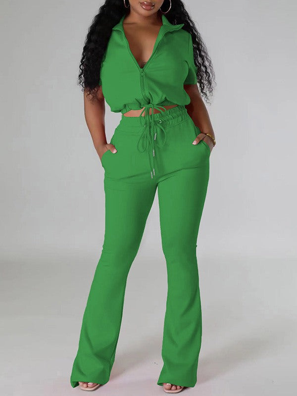 Solid Zip Top &amp; Drawstring Pants Set