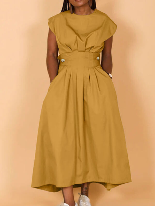 Solid Button-Waist Sleeveless Dress