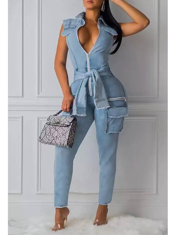 Zip-Front Sleeveless Denim Jumpsuit