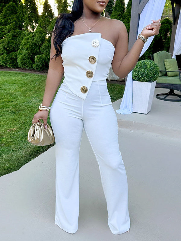 Button Strapless Straight Jumpsuit