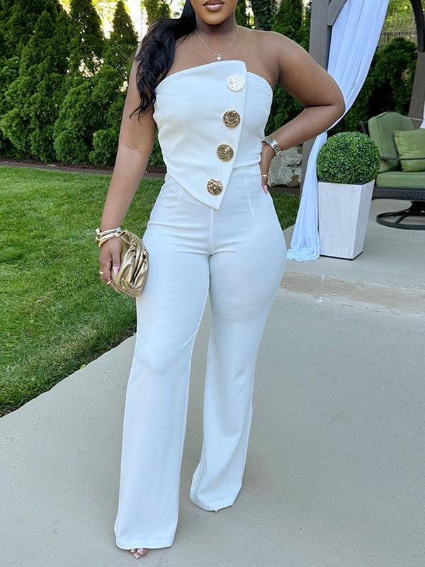 Button Strapless Straight Jumpsuit