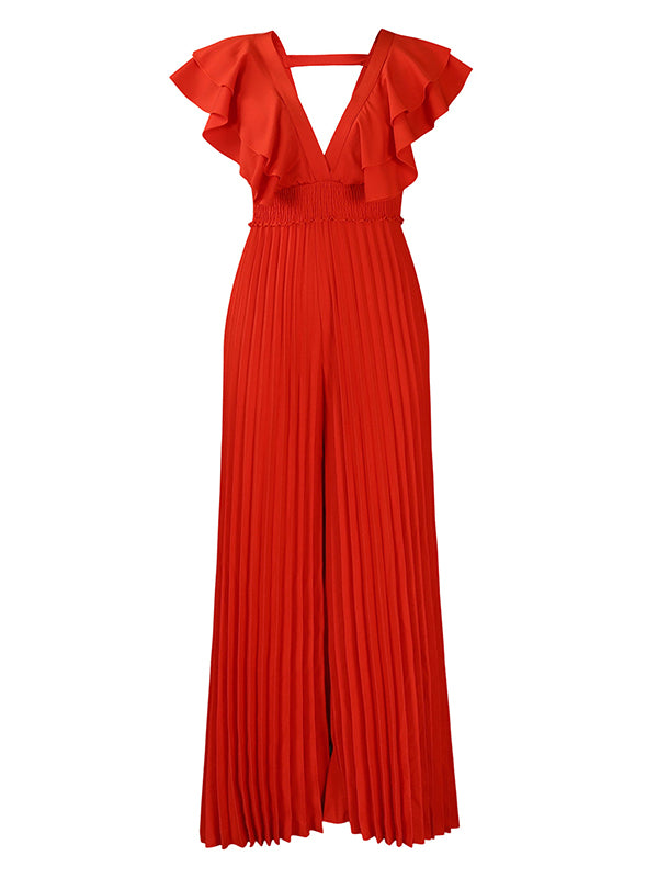 V-Neck Ruffle Pleated Jumpsuit