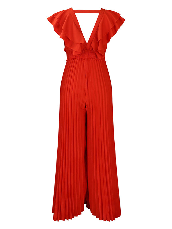 V-Neck Ruffle Pleated Jumpsuit