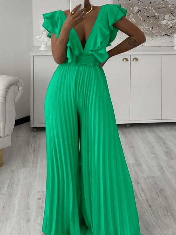 V-Neck Ruffle Pleated Jumpsuit