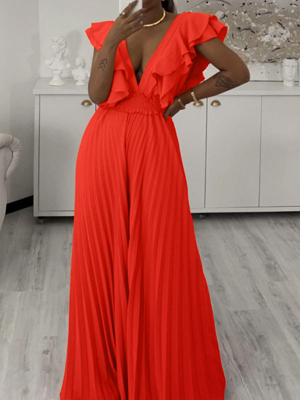 V-Neck Ruffle Pleated Jumpsuit