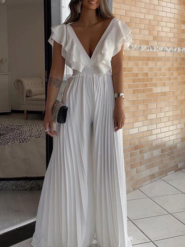 V-Neck Ruffle Pleated Jumpsuit