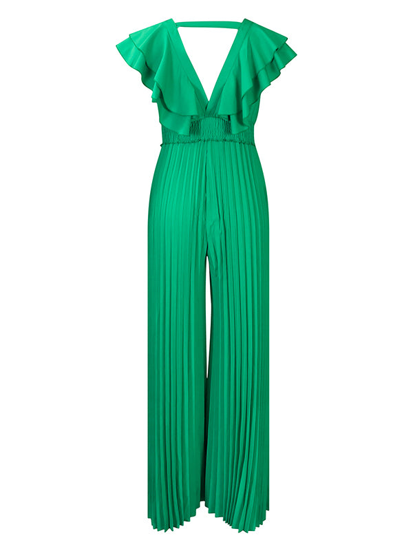 V-Neck Ruffle Pleated Jumpsuit