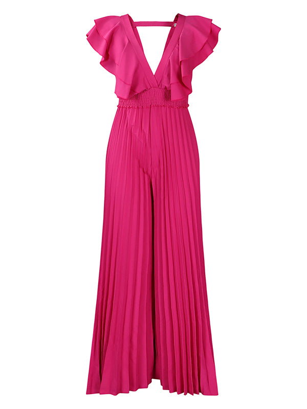 V-Neck Ruffle Pleated Jumpsuit