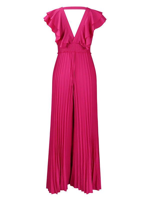 V-Neck Ruffle Pleated Jumpsuit