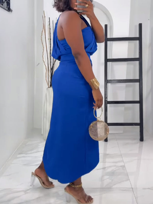 One-Shoulder Ruched Slit Dress