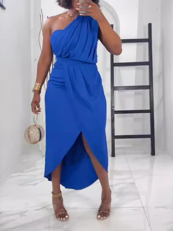 One-Shoulder Ruched Slit Dress