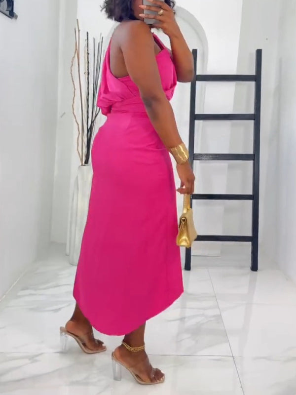 One-Shoulder Ruched Slit Dress