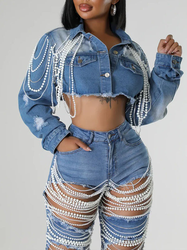 Pearl Cropped Denim Jacket