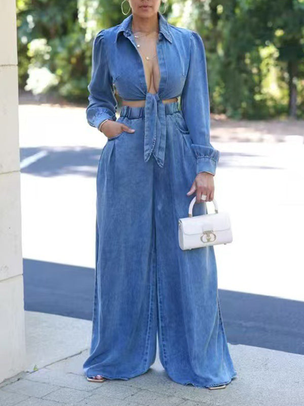 Denim Tied Shirt &amp; Wide-Leg Pants Set