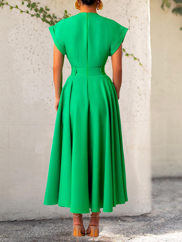 Solid V-Neck Midi Dress