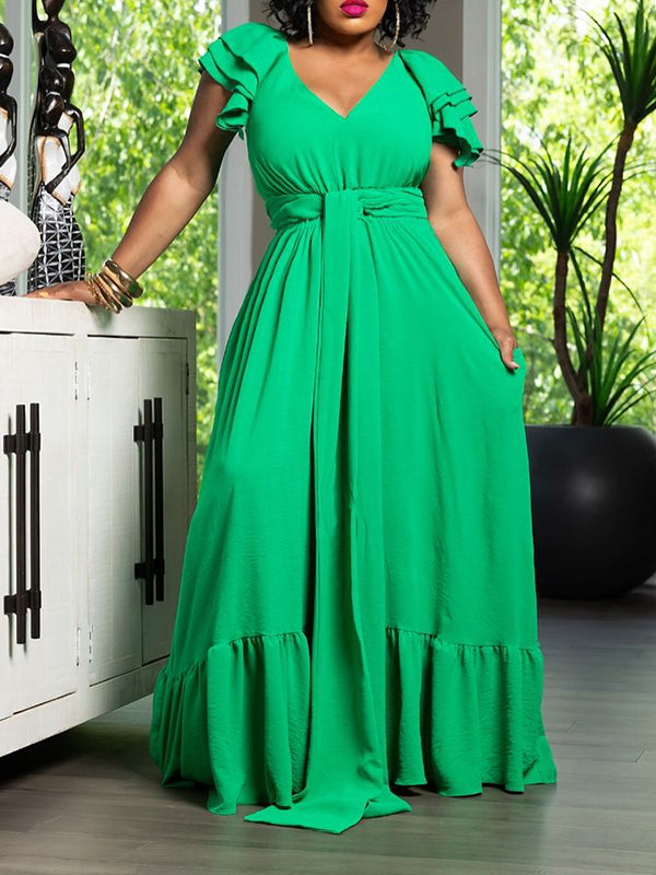 Solid Tied Ruffle Maxi Dress