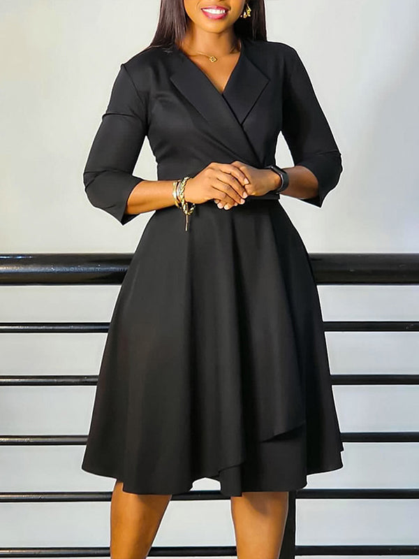 Solid V-Neck Belted Dress