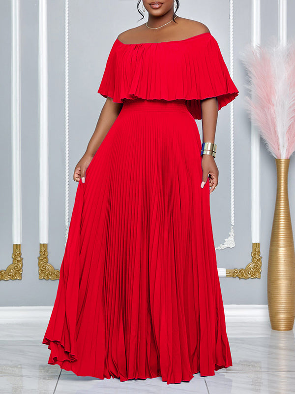 Solid Off-Shoulder Pleated Dress