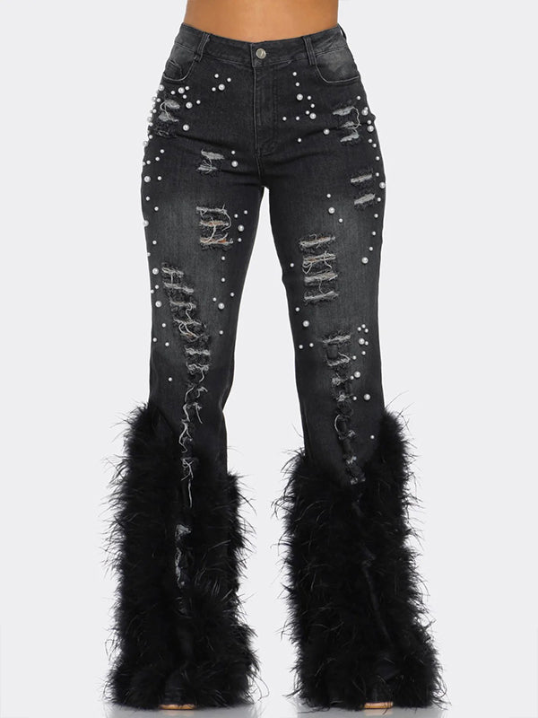 Faux Fur Combo Ripped Jeans