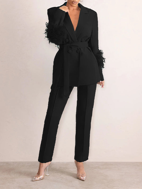 Belted Feather Blazer & Pants Set