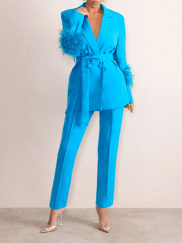 Belted Feather Blazer &amp; Pants Set