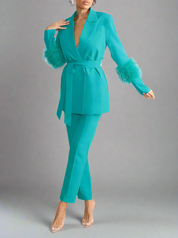 Belted Feather Blazer & Pants Set