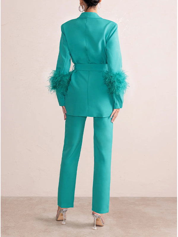 Belted Feather Blazer & Pants Set