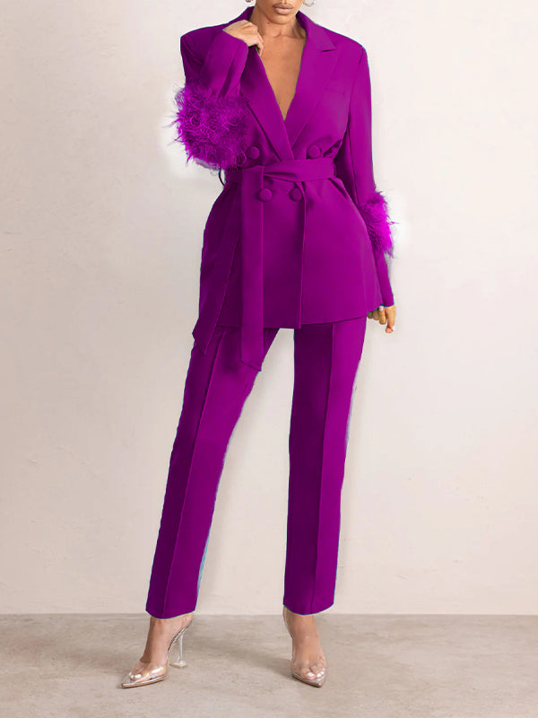 Belted Feather Blazer & Pants Set