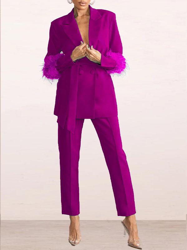 Belted Feather Blazer & Pants Set