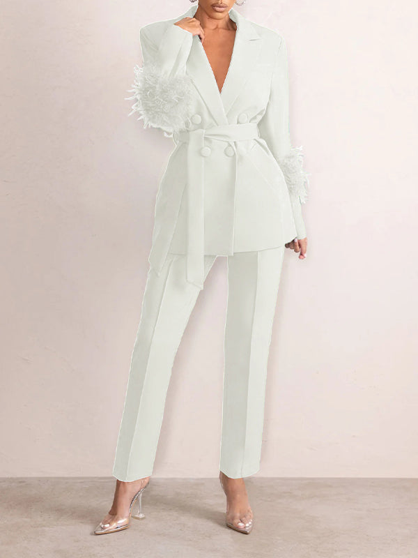 Belted Feather Blazer & Pants Set