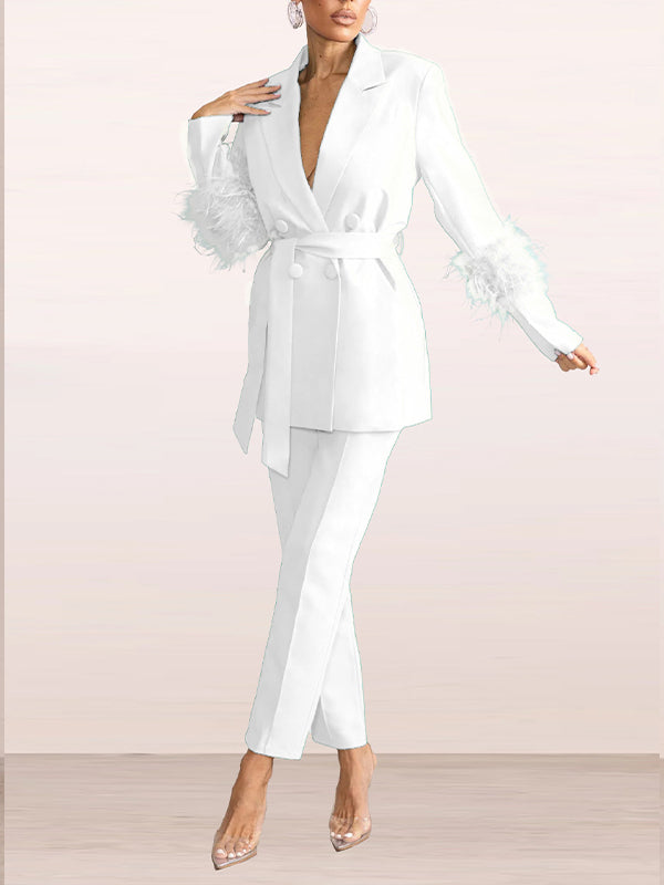 Belted Feather Blazer & Pants Set