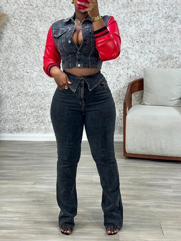 Faux-Leather Combo Denim Jacket &amp; Jeans Set