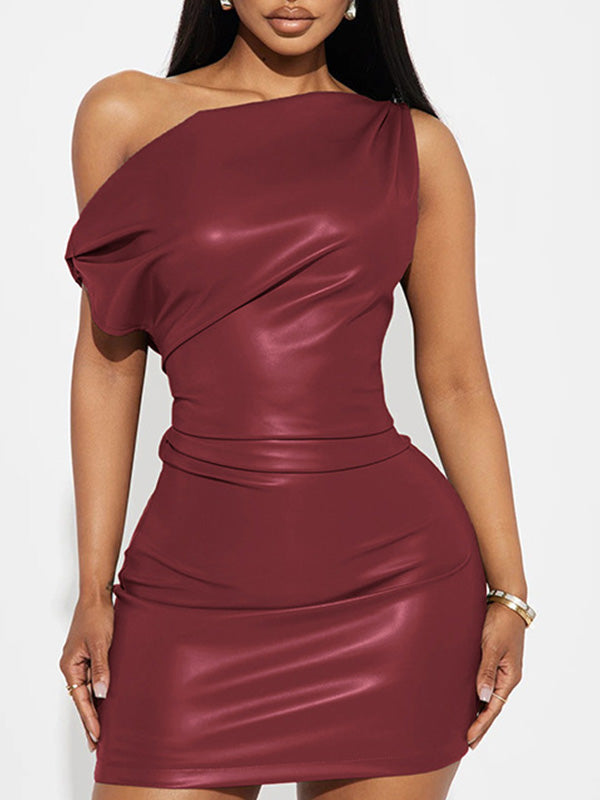 Faux-Leather Boat-Neck Dress