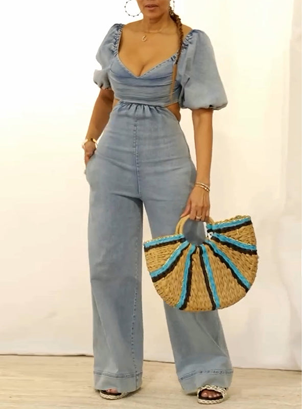 Open-Back Denim Jumpsuit