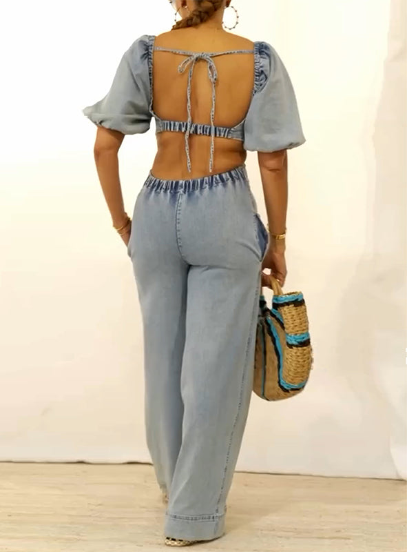 Open-Back Denim Jumpsuit