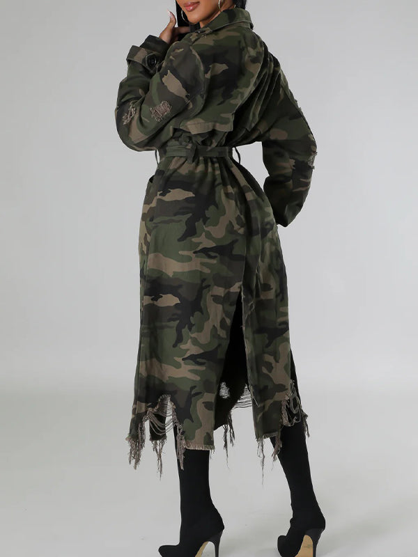 Camo Ripped Belted Trench