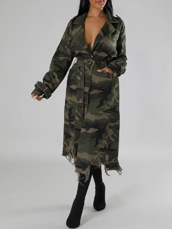 Camo Ripped Belted Trench