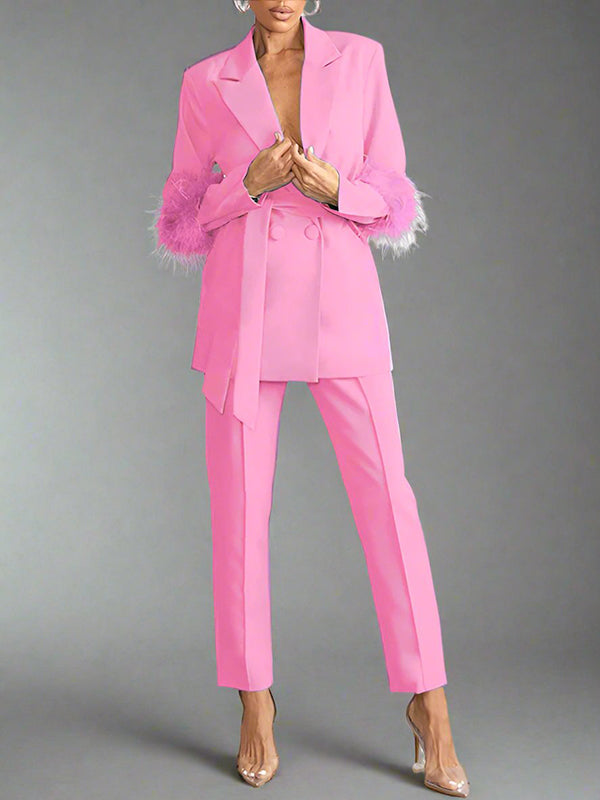 Belted Feather Blazer & Pants Set