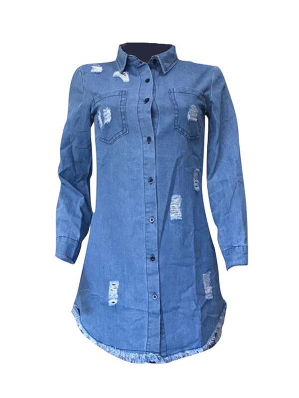 Destroyed Button-Down Denim Shirt Dress (1446162563117)