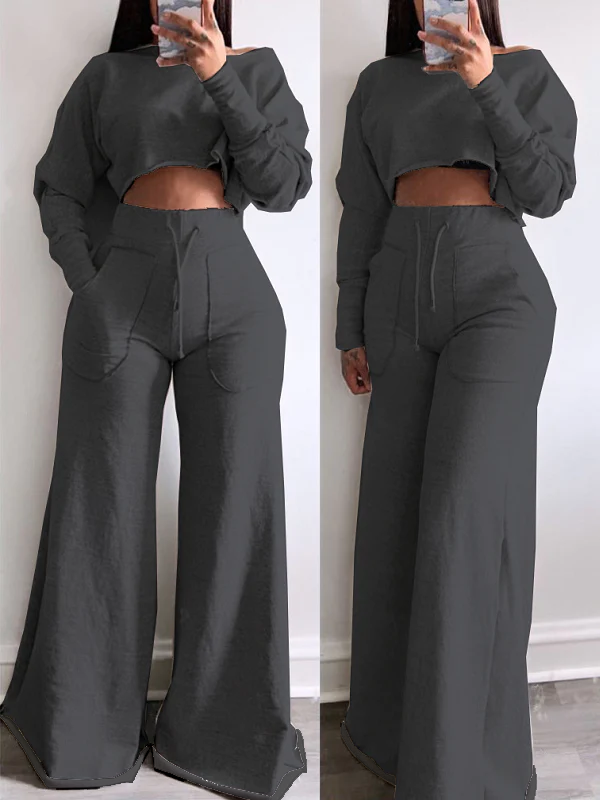 Raw-cut Sweatshirt & Wide-Leg Pants Set