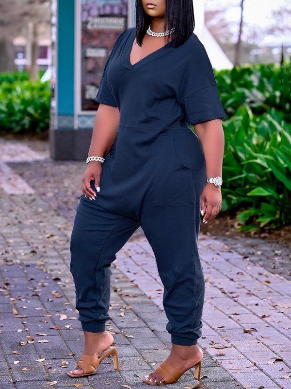 Solid V-Neck Jumpsuit - clearance