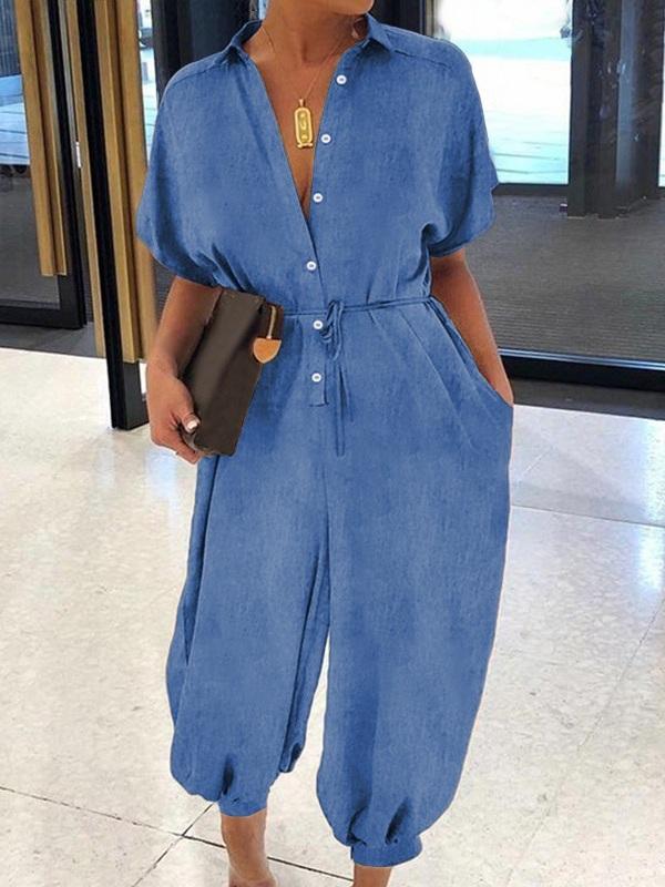 Button-Front Belted Denim Jumpsuit