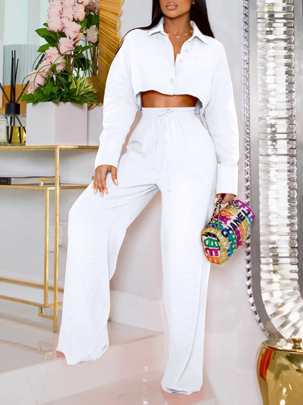 Solid Cropped Shirt &amp; Wide-Leg Pants Set