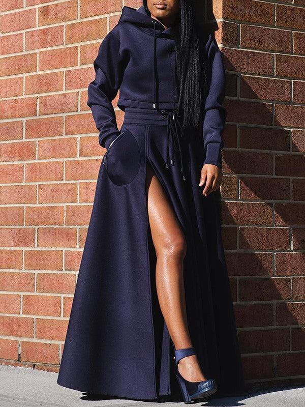 Solid Hoodie &amp; Slit Skirt Set