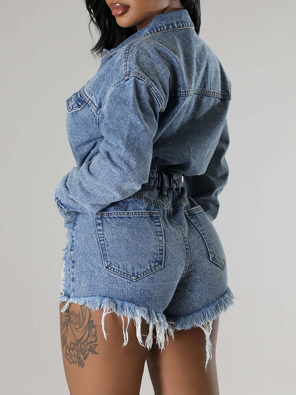 Distressed Snap-Front Denim Romper