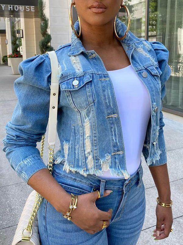 Distressed Puff-Sleeve Denim Jacket